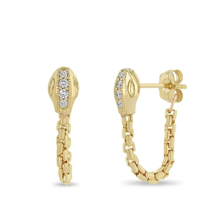 14KT PAV DIAMOND SNAKE HEAD BOX CHAIN HUGGIE EARRINGS Zo Chicco Earrings