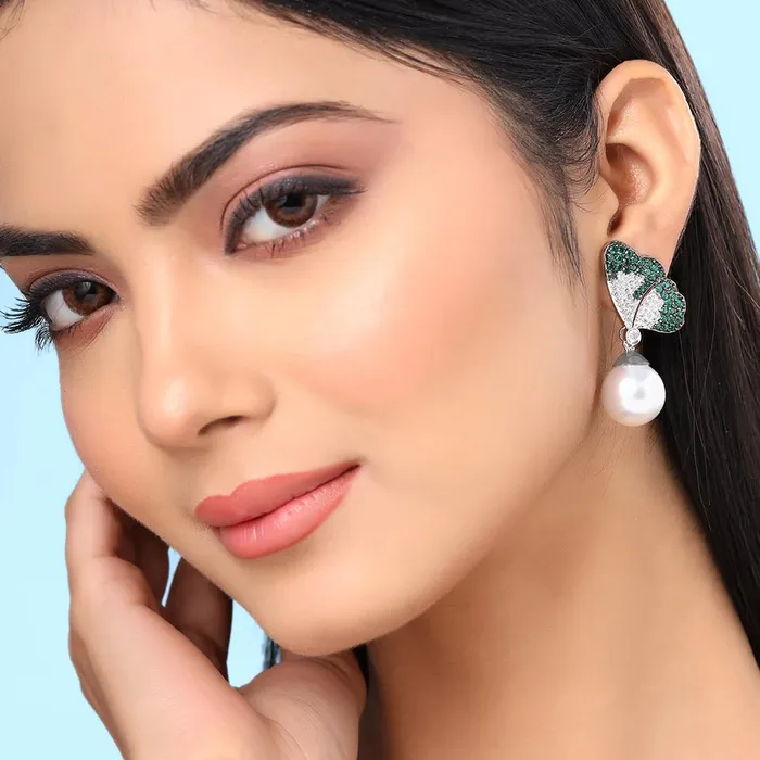 American Diamond Drop Earrings Elegant Pearl Design 38cm Silver Tone For Women Girls Yellow Chimes Earrings