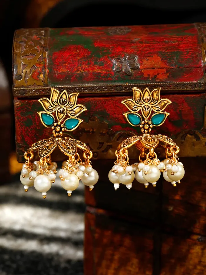 Bracelets Yellow Chimes Yellow Chimes Earrings for Women Oxidised Gold Floral Designed Green Crystal Studded Beads Drop Designed Drop Earrings for Women and Girls