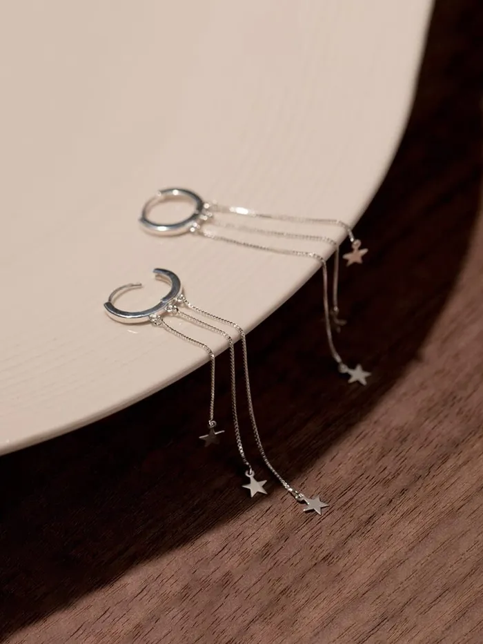 Bracelets Yellow Chimes Yellow Chimes Earrings For Women Silver Toned Round Stud Triple Chain Stars Hanging Dangler Earrings For Women and Girls