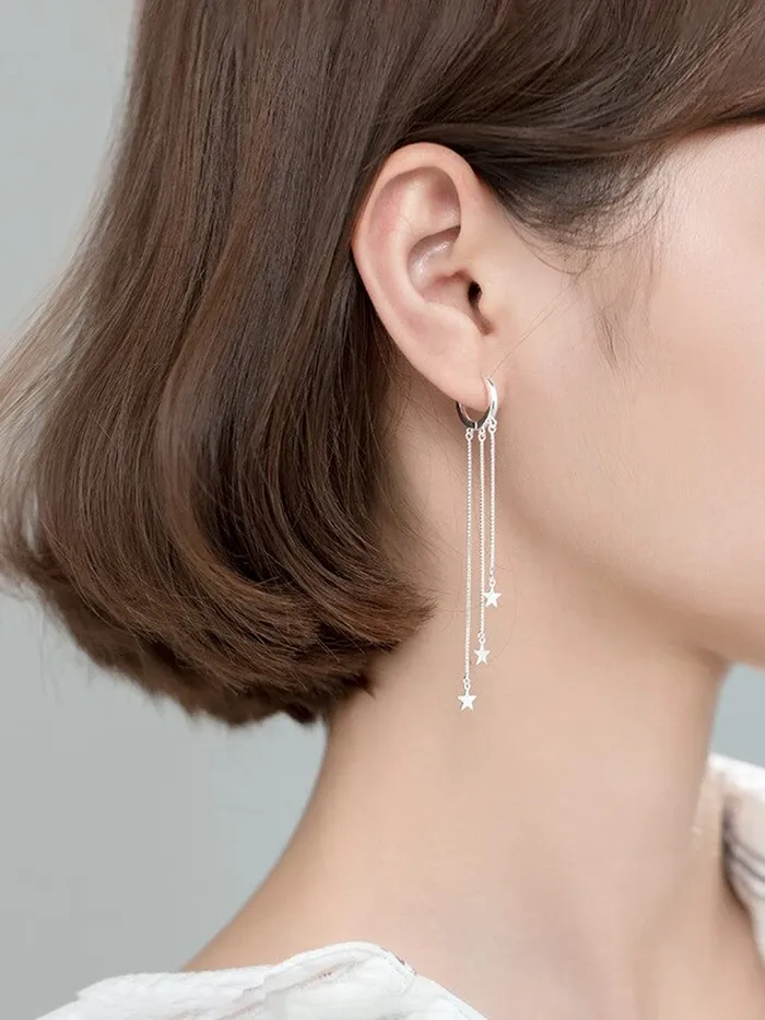 Bracelets Yellow Chimes Yellow Chimes Earrings For Women Silver Toned Round Stud Triple Chain Stars Hanging Dangler Earrings For Women and Girls