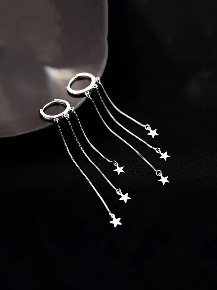 Bracelets Yellow Chimes Yellow Chimes Earrings For Women Silver Toned Round Stud Triple Chain Stars Hanging Dangler Earrings For Women and Girls