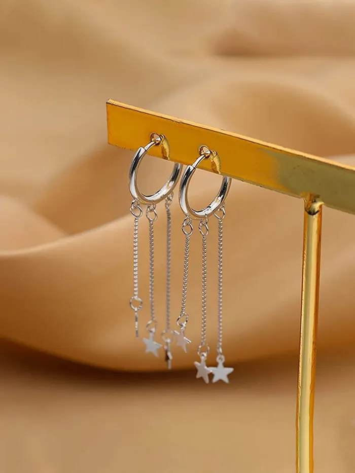 Bracelets Yellow Chimes Yellow Chimes Earrings For Women Silver Toned Round Stud Triple Chain Stars Hanging Dangler Earrings For Women and Girls