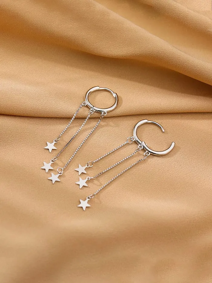 Bracelets Yellow Chimes Yellow Chimes Earrings For Women Silver Toned Round Stud Triple Chain Stars Hanging Dangler Earrings For Women and Girls