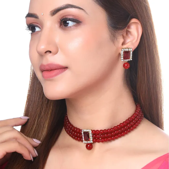 Bracelets Yellow Chimes Yellow Chimes Jewellery Set for Women and Girls Traditional Red Beads Choker Set for Women Gold Plated Choker Necklace Set Birthday Gift for girls women Anniversary Gift for Wife