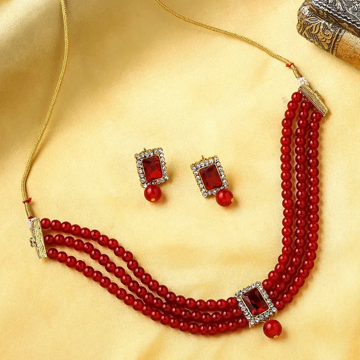 Bracelets Yellow Chimes Yellow Chimes Jewellery Set for Women and Girls Traditional Red Beads Choker Set for Women Gold Plated Choker Necklace Set Birthday Gift for girls women Anniversary Gift for Wife