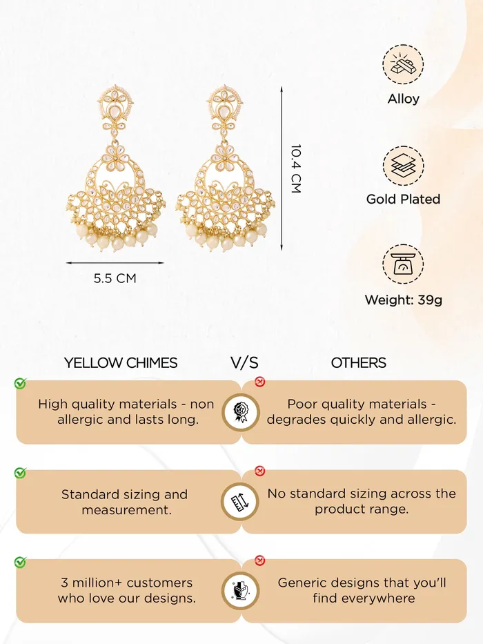 Combo Gold Plated Kundan Chandbali Earrings Lightweight Elegant 8cm Universal Size Gold Yellow Chimes Necklaces