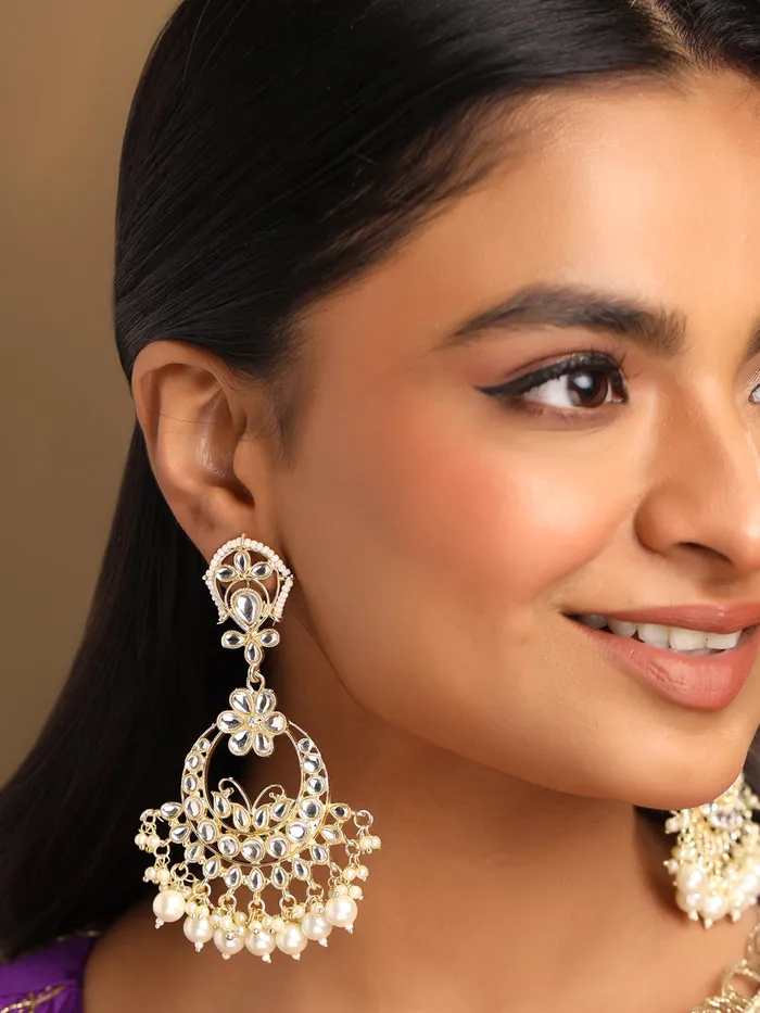 Combo Gold Plated Kundan Chandbali Earrings Lightweight Elegant 8cm Universal Size Gold Yellow Chimes Necklaces