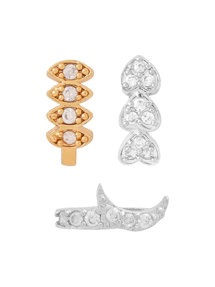 Combo Set of 3 Multicolor American Diamond Nose Pins No Piercing Traditional Style 15 cm Yellow Chimes Earrings