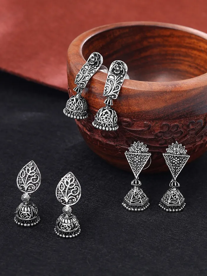 Earrings Combo 3 Pairs of Silver Oxidised Jhumka Earrings Traditional Design 35 cm Length Silver Yellow Chimes