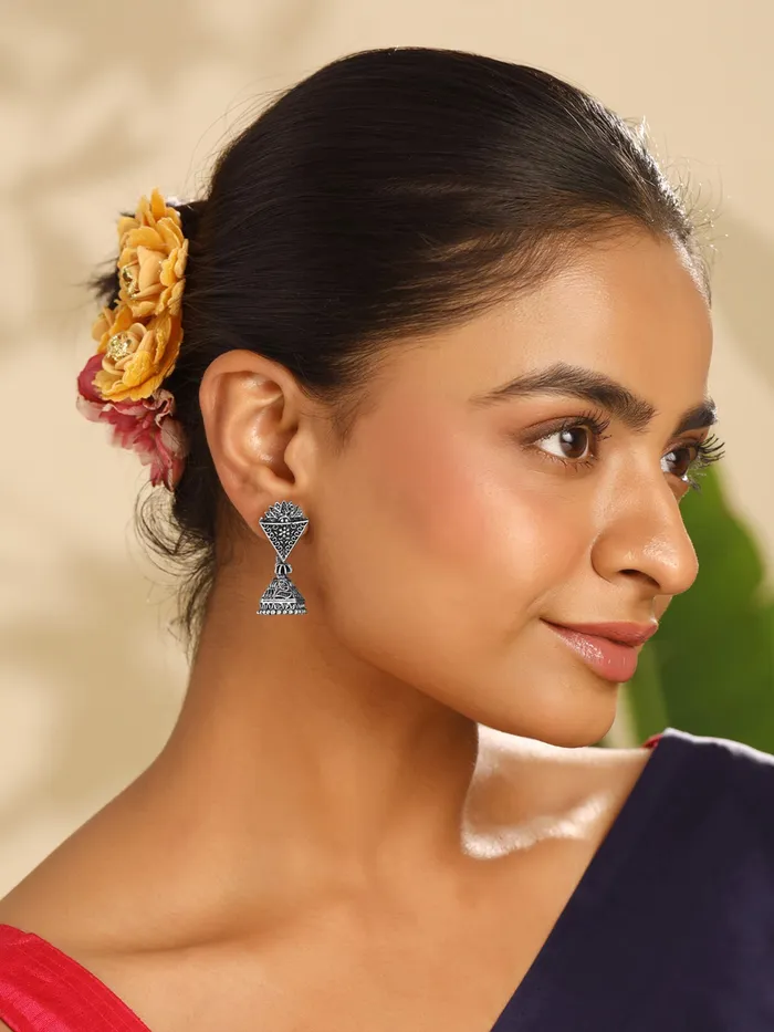 Earrings Combo 3 Pairs of Silver Oxidised Jhumka Earrings Traditional Design 35 cm Length Silver Yellow Chimes