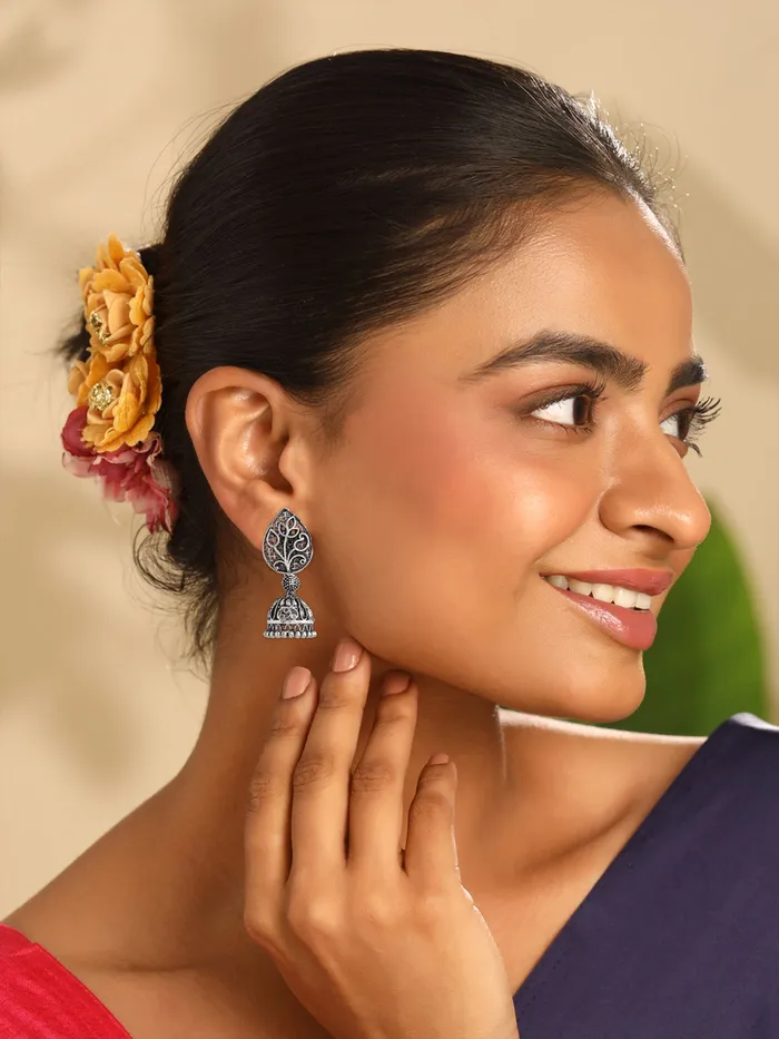 Earrings Combo 3 Pairs of Silver Oxidised Jhumka Earrings Traditional Design 35 cm Length Silver Yellow Chimes