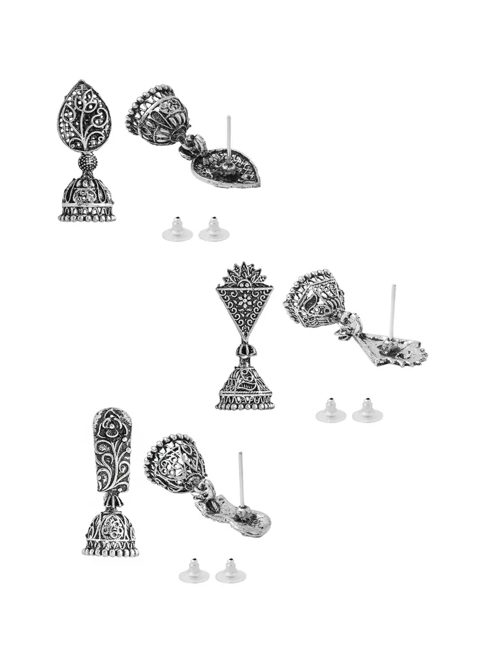 Earrings Combo 3 Pairs of Silver Oxidised Jhumka Earrings Traditional Design 35 cm Length Silver Yellow Chimes