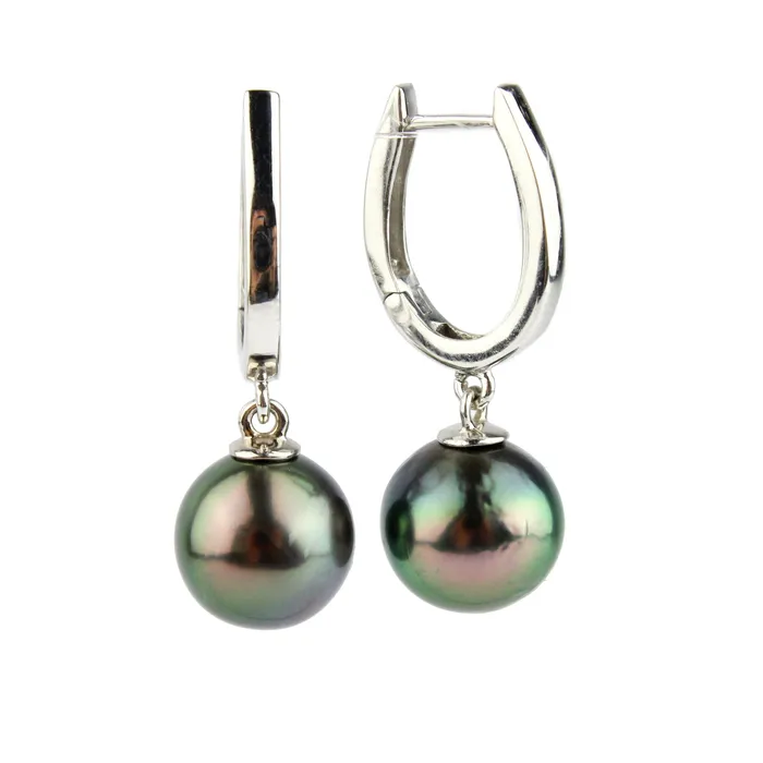 Earrings Kamoka Pearl Peacock Green Dangle Hoop Earrings on 14K White Gold
