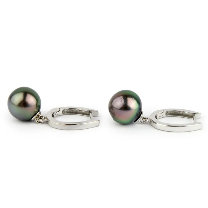 Earrings Kamoka Pearl Peacock Green Dangle Hoop Earrings on 14K White Gold
