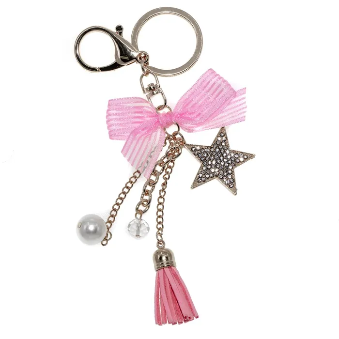 Earrings Keychain Rhinestone Pink Ribbon Star Dangle KC1005
