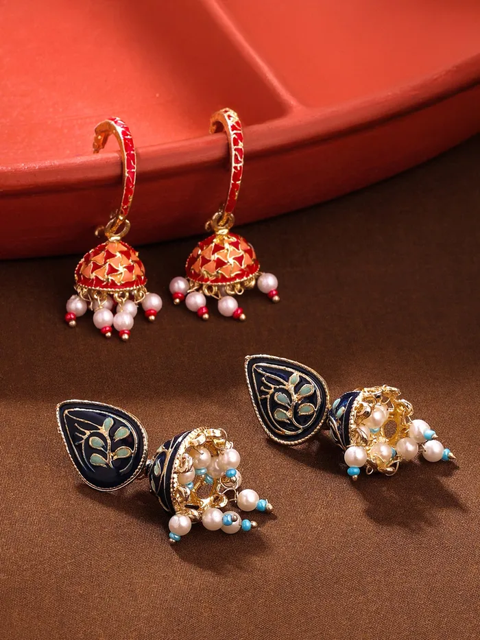 Earrings Yellow Chimes Combo Multicolor Gold Plated Meenakari Jhumka Earrings Set of 2 Pairs Elegant Design Lightweight