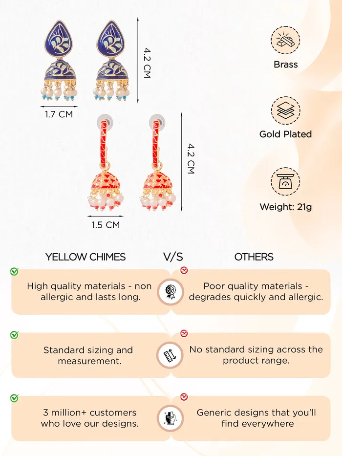 Earrings Yellow Chimes Combo Multicolor Gold Plated Meenakari Jhumka Earrings Set of 2 Pairs Elegant Design Lightweight