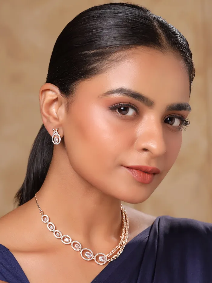 Earrings Yellow Chimes Diamond Necklace Set for Women White Stone Necklace Set AD Jewellery Set for Women Luxe Layers Rose Gold Diamond Necklace Set Birthday Anniversary Gift for Women Wife Yellow Chimes