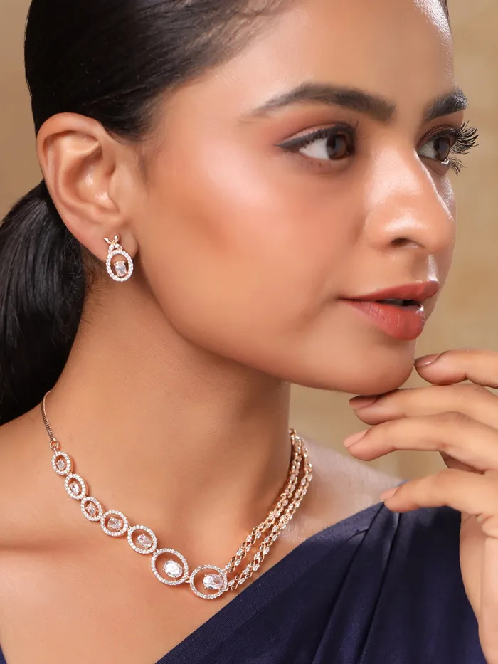 Earrings Yellow Chimes Diamond Necklace Set for Women White Stone Necklace Set AD Jewellery Set for Women Luxe Layers Rose Gold Diamond Necklace Set Birthday Anniversary Gift for Women Wife Yellow Chimes