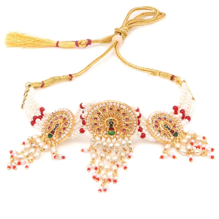 Earrings Yellow Chimes Ethnic Handcrafted Moti Multilayer Jewellery Set Gold Plated Traditional Peacock Choker Necklace Set for women Girls Red Yellow Chimes