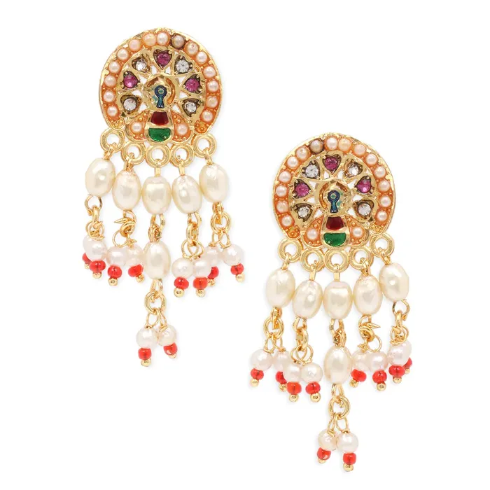 Earrings Yellow Chimes Ethnic Handcrafted Moti Multilayer Jewellery Set Gold Plated Traditional Peacock Choker Necklace Set for women Girls Red Yellow Chimes
