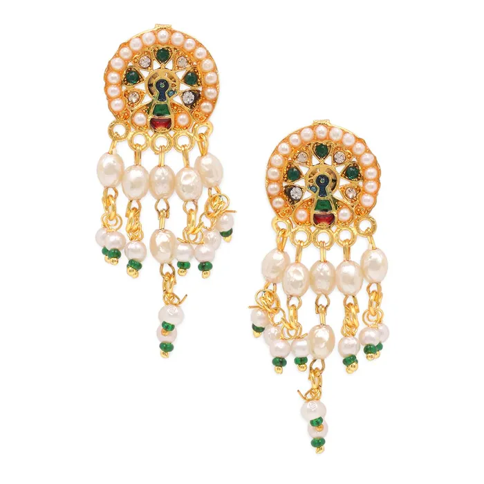 Earrings Yellow Chimes Ethnic Handcrafted Moti Multilayer Jewellery Set Gold Plated Traditional Peacock Choker Necklace Set for women Girls Red Yellow Chimes