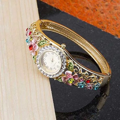 Earrings Yellow Chimes Exclusive Floral Design Crystal Watch CuffKada Watch Bracelet for Women Yellow Chimes