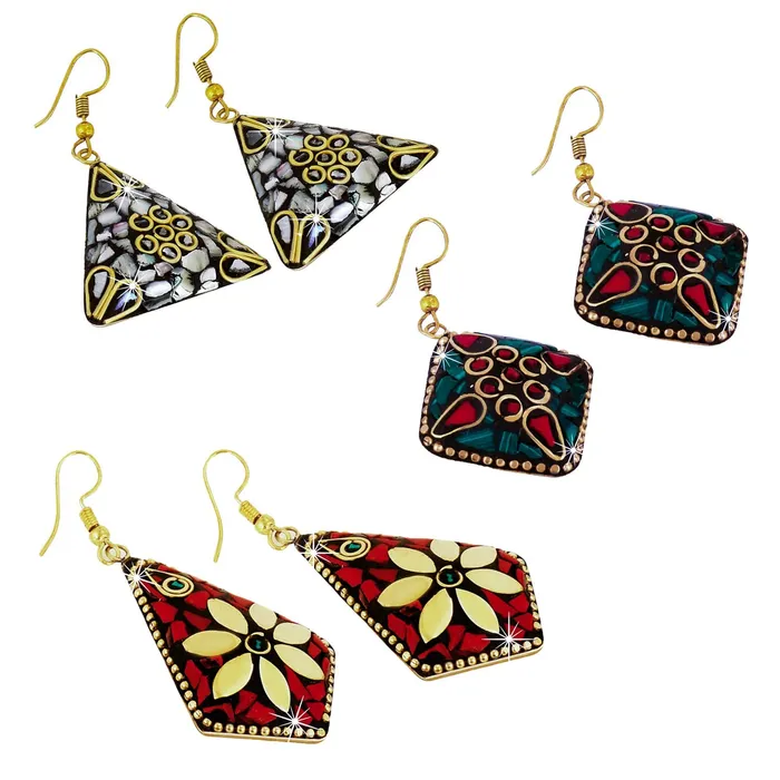 Earrings Yellow Chimes Handmade Tibetan Traditional COMBO of 3 Pairs Gold Plated Dangler Earrings for Women and Girls Combo2 Vivid Yellow Chimes