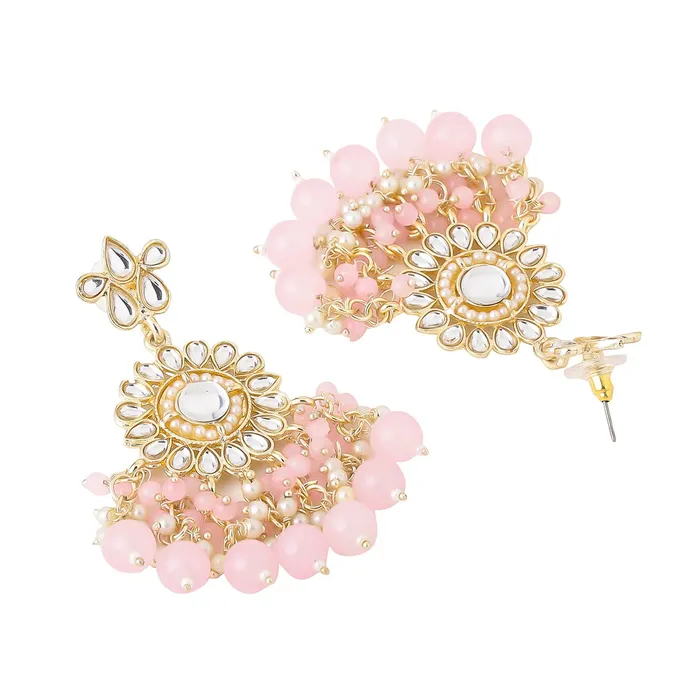 Earrings Yellow Chimes Jewellery Set for Women and Girls Traditional Kundan Necklaces Set Gold Plated Pink Beads Drop Kundan Set Birthday Gift for girls and women Anniversary Gift for Wife Yellow Chimes