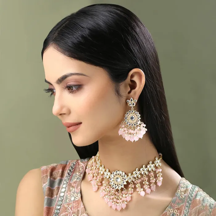 Earrings Yellow Chimes Jewellery Set for Women and Girls Traditional Kundan Necklaces Set Gold Plated Pink Beads Drop Kundan Set Birthday Gift for girls and women Anniversary Gift for Wife Yellow Chimes