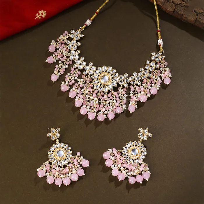 Earrings Yellow Chimes Jewellery Set for Women and Girls Traditional Kundan Necklaces Set Gold Plated Pink Beads Drop Kundan Set Birthday Gift for girls and women Anniversary Gift for Wife Yellow Chimes