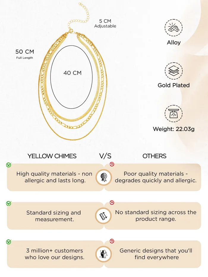 Earrings Yellow Chimes Multi Layered Choker Necklace Gold Plated Chain with Elegant Design Adjustable 4050 cm Gold