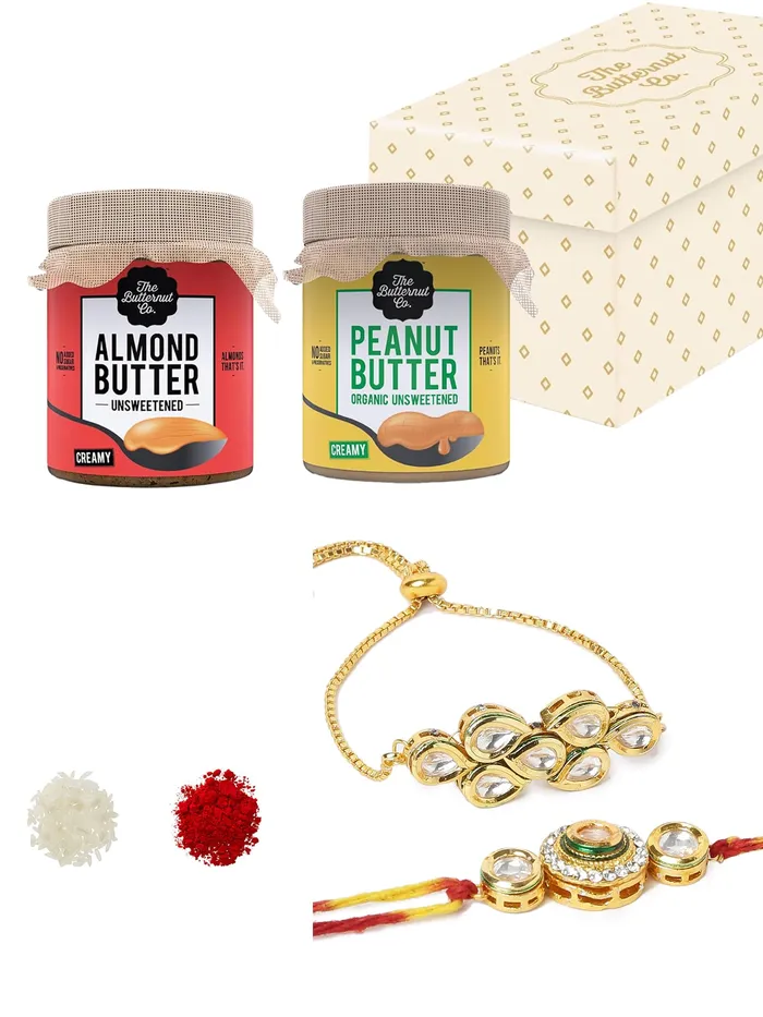 Earrings Yellow Chimes Rakhi Gift Set Gold Plated Kundan Men Bracelet with Almond Butter Handmade Dori Multicolor Earrings Yellow Chimes Rakhi Gift Set Gold Plated Kundan Men Bracelet with Almond Butter Handmade Dori Multicolor