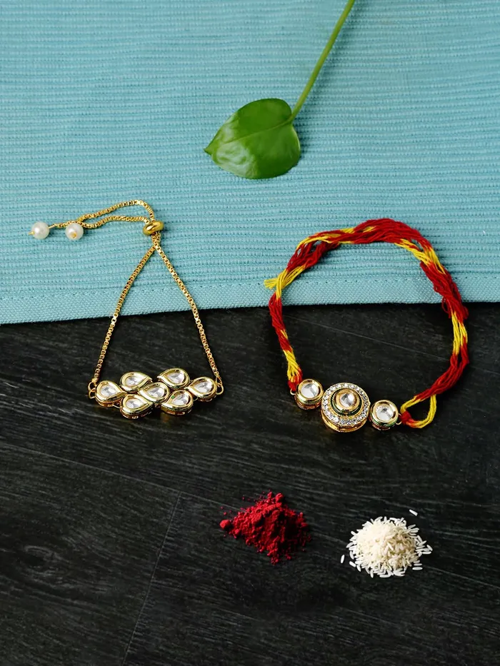 Earrings Yellow Chimes Rakhi Gift Set Gold Plated Kundan Men Bracelet with Almond Butter Handmade Dori Multicolor