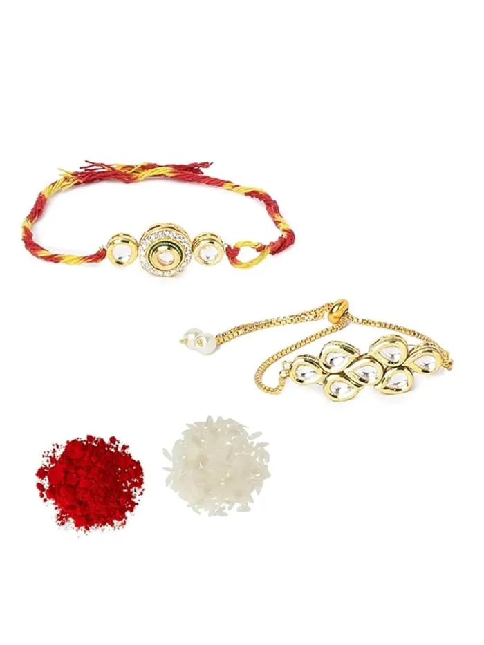 Earrings Yellow Chimes Rakhi Gift Set Gold Plated Kundan Men Bracelet with Almond Butter Handmade Dori Multicolor