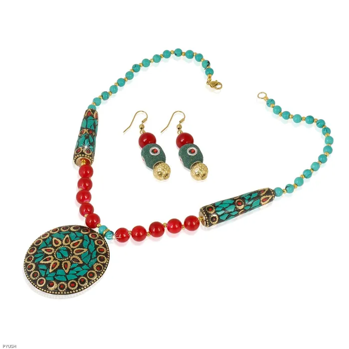Earrings Yellow Chimes Tibetan Pendant Necklace with Earrings Tribal Beads Necklace Jewellery Set for Women and Girls Yellow Chimes