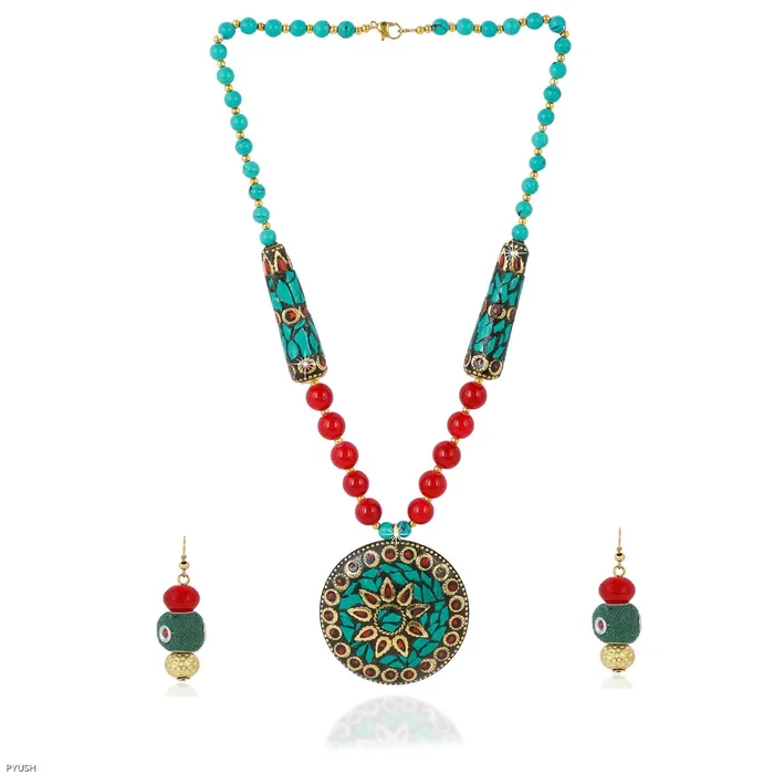 Earrings Yellow Chimes Tibetan Pendant Necklace with Earrings Tribal Beads Necklace Jewellery Set for Women and Girls Yellow Chimes