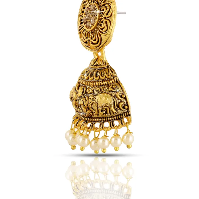 Earrings Yellow Chimes Traditional Jhumki Earrings Temple Jewellery Oxidized Matte Gold Plated Artistic Crafted Lakshmi Pearl Jhumka Earrings for Womens Girls Yellow Chimes
