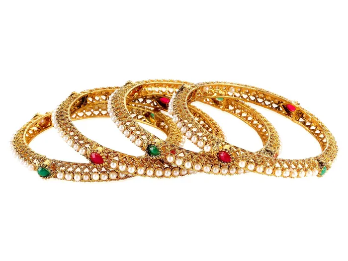 Earrings Yellow Chimes Yellow Chimes 4 Pc Traditional Moti Craftmanship by Yellow Chimes Gold Plated and Pearl Bangle Set for Women Gold White YCFJBG03MTIBWH26