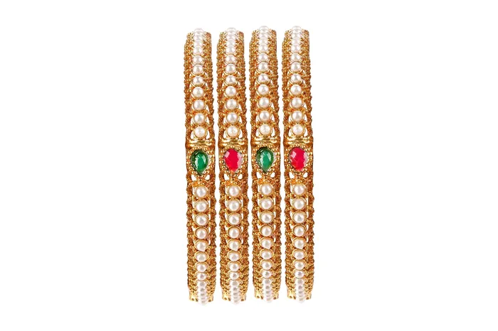 Earrings Yellow Chimes Yellow Chimes 4 Pc Traditional Moti Craftmanship by Yellow Chimes Gold Plated and Pearl Bangle Set for Women Gold White YCFJBG03MTIBWH26