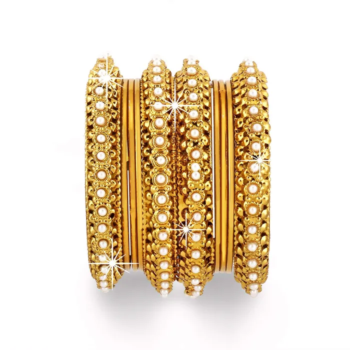 Earrings Yellow Chimes Yellow Chimes Bangles for Women Golden Bangles Set Antique Look Gold Plated Moti Traditional Bangles Set for Women and Girls