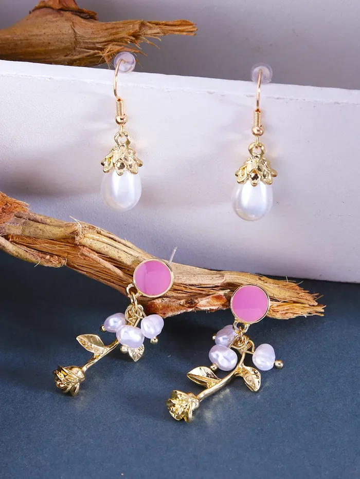Earrings Yellow Chimes Yellow Chimes Combo of 2 Pairs Latest Fashion Gold Plated Floral Pearl Design Drop Earrings for Women and Girls Medium YCFJER03PRLDGNCWH