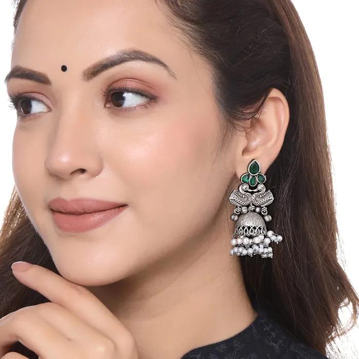 Earrings Yellow Chimes Yellow Chimes Earrings for Women and Girls Traditional Silver Oxidised JhumkaGerman SilverSwan Designed Jhumki EarringsBirthday Gift For girls and women Anniversary Gift for Wife
