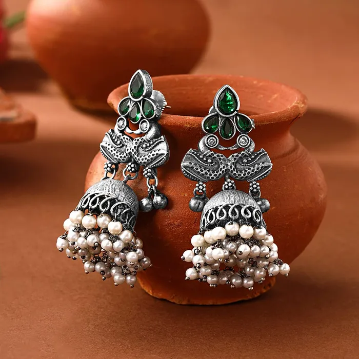 Earrings Yellow Chimes Yellow Chimes Earrings for Women and Girls Traditional Silver Oxidised JhumkaGerman SilverSwan Designed Jhumki EarringsBirthday Gift For girls and women Anniversary Gift for Wife