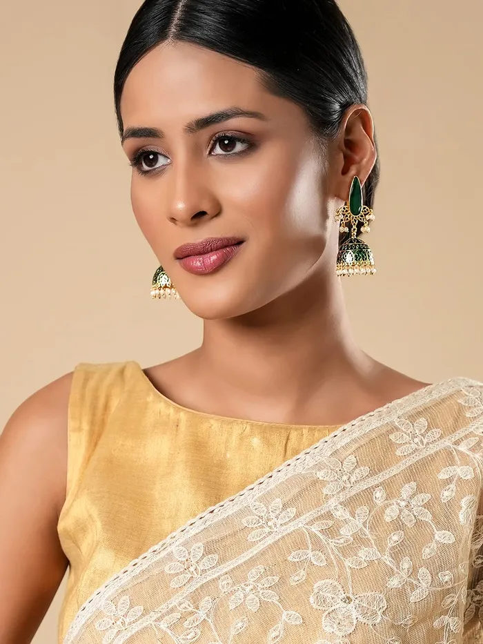 Earrings Yellow Chimes Yellow Chimes Earrings for Women Gold Toned Crystal Studded Beads Meenakari Jhumka Earrings for Women and Girls