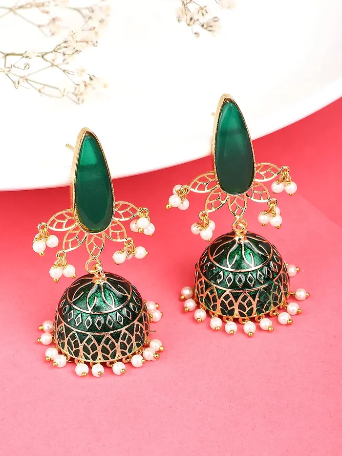 Earrings Yellow Chimes Yellow Chimes Earrings for Women Gold Toned Crystal Studded Beads Meenakari Jhumka Earrings for Women and Girls