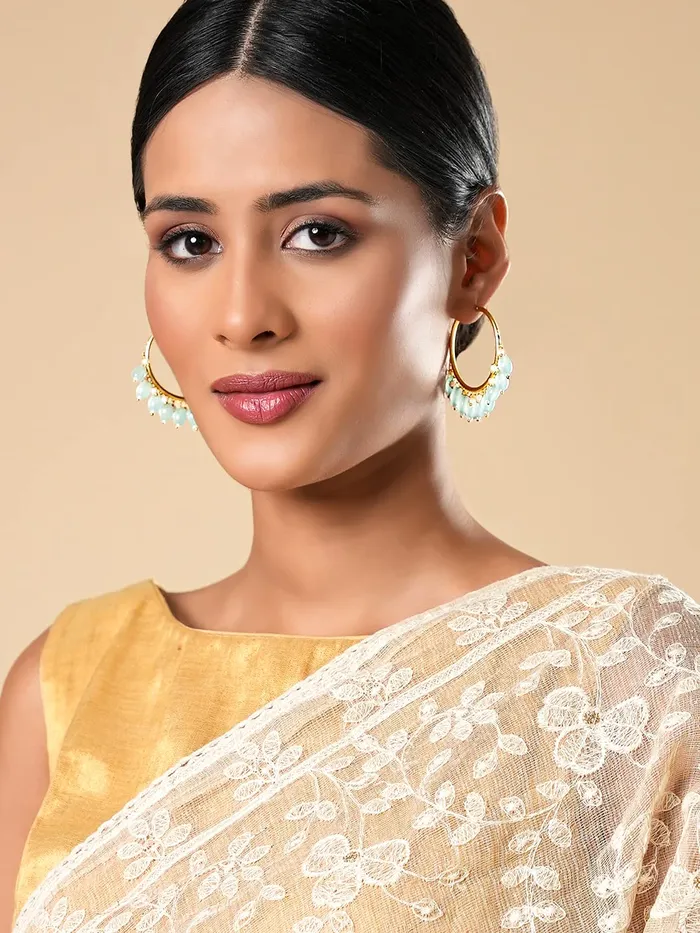 Earrings Yellow Chimes Yellow Chimes Earrings for Women Gold Toned Sea Blue Pearl Drop Hoop Earrings for Women and Girls