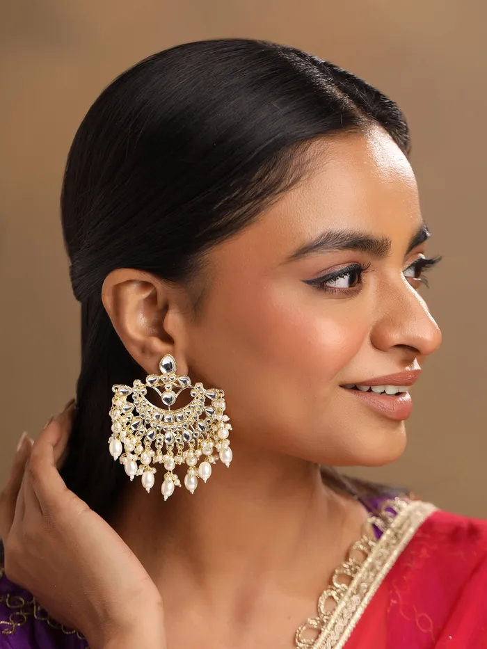 Earrings Yellow Chimes Yellow Chimes Earrings Gold Plated with Pearls Kundan Pearl Chandbali One Size Gold