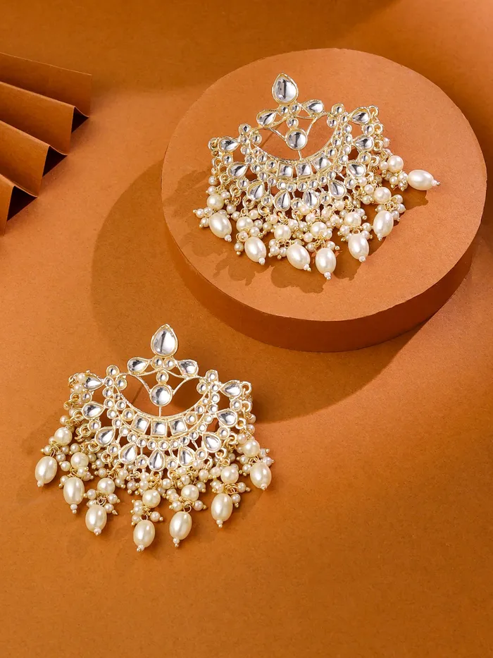 Earrings Yellow Chimes Yellow Chimes Earrings Gold Plated with Pearls Kundan Pearl Chandbali One Size Gold